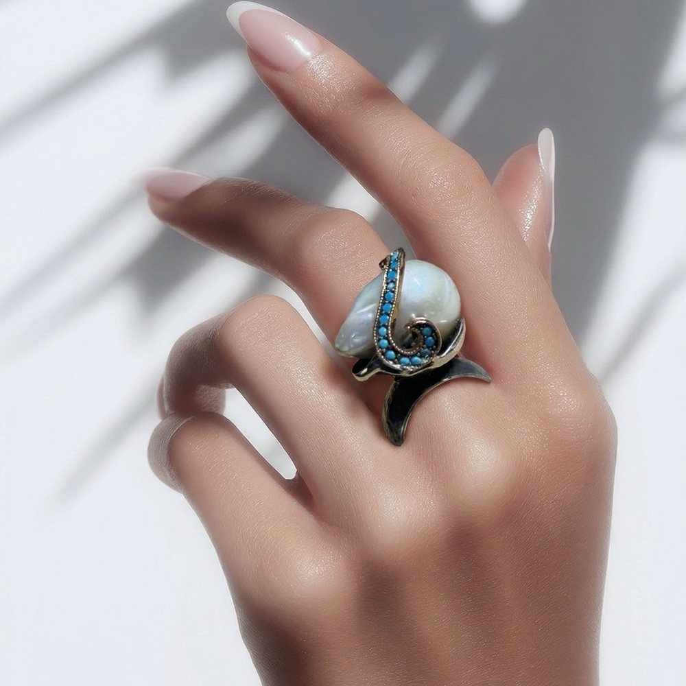 NWT Handcrafted Sterling and Gold Freshwater Pearl Ring Accented with Turquoise